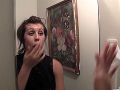 Jaydence Rose is fixing her make up and taking a dump when she spots a gloryhole. She calls for someone to stick his dick in and she is obliged. She deep throats cock in this disgusting public restroom.