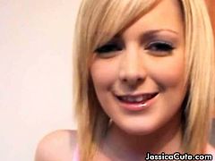 Watch the intense blonde vixen Jessica Cute as she takes her clothes off and teases you with her amazing ass before drilling her pussy into heaven with a naughty pink dild.