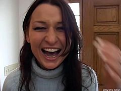 Milf Irena has a beautiful smile and very soft hands that make wonders when she's horny. She is excited by the thought of giving me a handjob and undresses before kneeling. She puts a lot of lube on my cock and then rubs it with a even bigger smile on her face. Think I'm going to cum on her pretty smile soon.