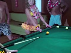 Sizzling Russian teens bend like wire while playing pool wearing steamy tiny bikini decorated with fake flowers along with horny dudes in sizzling hot group sex video by WTF Pass.