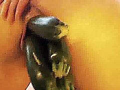 Horny amateur slut penetrates her monstrous pierced vagina with enormous vegetables till she orgasms
