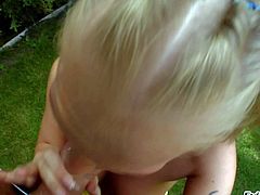 Flirty european blonde Kyra Banks with nice titties pulls down her thong panties and strokes her pussy in the garden before she takes man meat in her mouth, She gets mouth fucked from your POV!