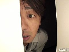 Sex greedy voyeur watches a steamy Japanese hussy changing before exercising in gym through a slit in a door. Later he enters into a changing room and lures her to show him her cuddly round tits and bearded pussy.