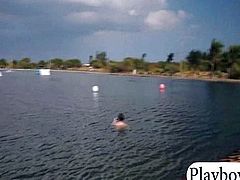 Sexy naked babes try out wake boarding