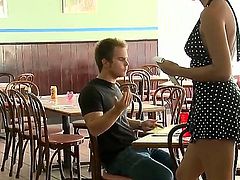 Hot and sexy chick with microphone making interviews with stranger guys from streets and making them to stand naughty wild things for money!