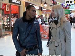While at the mall, blondie gets huge cock stroking her mouth from naughty stranger