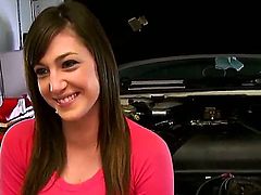 Appetizing brunette Tia Monae takes off her clothes in the car repair for some cash demonstrating her busty sweet pale skinned body with hot tattoos and starts to masturbate!