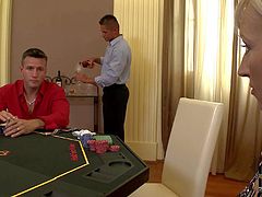 Her husband is a loser and she gets used by his friends after poker game. Lovely european blonde woman turns them on. They put their hands on her boobs in front of her unlucky husband.