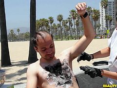 This Money Talks update is all about a brave guy with hairy chest. He gets his chest hair treated right by sexy raven haired girl Lexi for money. Watch them have fun in public place.