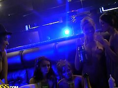 Drunk Russian chics get totally drunk during a hen party in strip club. They take off their clothes exposing skinny tasty bodies before they proceed to oral and hand stroking each other in steamy lesbian sex group video by WTF Pass.