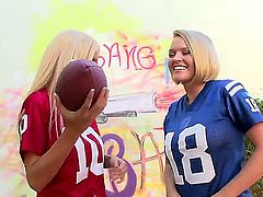 Girls in football t-shirts Krissy Lynn and Mariah Madysinn are gritting their hot and juicy asses oiled up and going to football fun!