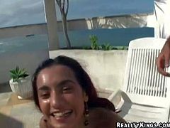 Teen latina in bikini gets her cunny licked in backyard