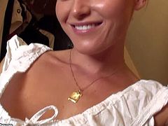 Kathia Nobili is a sweet blond-haired pornstar that changes clothes in front of the camera in he room. Kathia Nobili shows her neat pussy and perky tits while changing dress and panties.