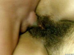 Skinny dark haired mature woman Susy gets turned up by young guy before she spreads her slim legs wide and gets her wet hairy pussy filled with his hard dick. Watch slim granny get hard fucked.