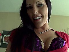 Hot and horny black haired girl Jade rubs her gorgeous pussy under sexy lingerie and uses gold dildo to make it really wet. After that she takes my dick and starts to suck it.
