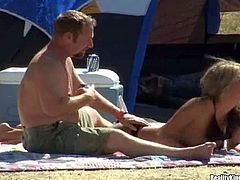 Arousing smoking hot blonde milf with long whorish nails and natural hooters in black underwear gets seduced by tanned mature fucker and takes on his meaty stiff pecker in tent