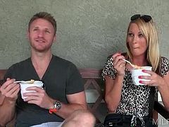 Blonde handsome dude talking a gorgeous MILF into sex