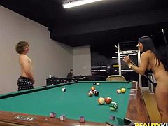 They play cards and pool naked for money. They do it in front of the camera with enthusiasm. Brunette demonstrates her big ass and meaty shaved pussy with no shame. Watch and enjoy!