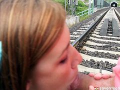 Two insatiable folks fuck right in the middle of railroad. Aroused daddy welcomes an oral fuck from spoiled red-haired teen in steamy fishnet stockings before she hangs down to continue ora fucking upside down. Later they continue fucking in sideways pose.