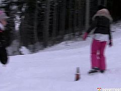 Group of turretless teens head to the mountains for skiing. After skiing for quite a long time, one of the sluts pulls up her shirt exposing big juicy tits in steamy sex clip by Club Seventeen.