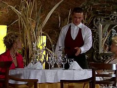 The cafe will fill with loud moans of delight today. Why? Two blond heads in nice dresses forget about dinner, as soon as they handsome waiter. Lucky dude is ready to get a blowjob and eat wet juicy cunts in return right away.
