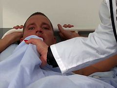 She is dirty nurse who seduces her patients while they are helpless. She polishes hard dong of the guy right in the hospital room.