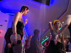 They are blasted and go wild right on the dance floor. One hussy chick mauls another one and after takes off her bra. Enjoy topless dancing slut for free.