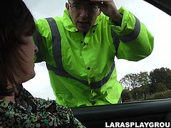 This ardent British housewife is the worst driver ever. Pale slut always gets fines and usually repays for them with a tough fuck. Torrid and lewd whore seduces a cop and invites him home, where spoiled nympho strips, plays with tits and gonna tease his dick.