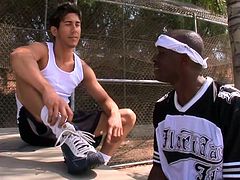 After shooting some hoops this interracial gay couple heads home to get naked and fuck. Justin Blade shoves Jack Spade X's cock into his mouth and sucks him off. They grab each other's dicks and fuck each other in the butts.