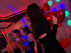 Voracious for cum and thirsting for orgasm harlots enjoy clubbing. These whorish nymphos turn any party into orgy. Wondrous gals have a kinky plan. Two amazing brunettes kneel down in front of the stripper and sucks his dick passionately for sperm right in the night club.