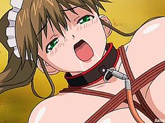 Press play on this anime video and watch a busty blonde slut having her wet pussy drilled by a large cock after being tied up and suspended in the air while wearing a blindfold.