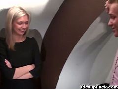 Jaw dropping Russian blond babe cloisters in WC with her BF where he oral strokes her small perky tits before she kneels down to give him zealous blowjob.