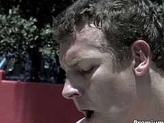 Alexis sun bathes near the pool when horny guy approaches her. She gives him a head and gets rammed bad doggy style.
