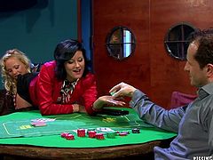 Two alluring milfs play poker with a bald sex greedy daddy. At the end of the game they start licking each other's legs in pantyhose before giving a rimjob in front of him in sultry threesome sex video by Tainster.