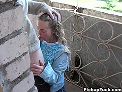 Naughty picked up teen is ready to suck out all his jizz just for nothing. He fucks her head on the balcony of some building under construction. Enjoy her deep throat for free.