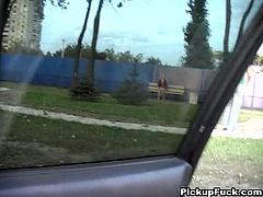 Frazzle Russian blond milf hooks up with a voracious dude outdoors. They head to his car where she gives him a deepthroat blowjob while he finger fucks her stinky cunt.
