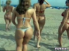 Kristen Cameron, Selena, Brianna Ray, Satin and Kaitlyn are perfect bodied bikini-clad milfs with bubble asses. They show off their sexy butts at the play volleyball at the beach. They are seductively beautiful in their tiny bikinis.