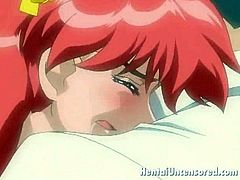 Fiery redheaded hentai schoolgirl gets her little pussy fucked by a huge cock in bathroom while her captive boyfriend watches.
