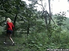 She got picked up into the woods and shows off her sexy ass and nice tits. Will she get his stiff cock deep inside her tiny pussy?
