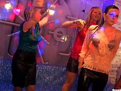 Drunk and spoiled white milfs get into a tiny pool right in clothes where they get totally wet. Later they start dancing in a sultry way in perverse group sex video by Tainster.