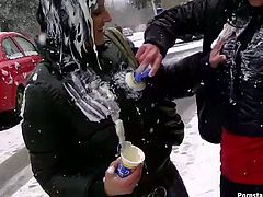 These slim brunettes in jeans and fur coats are already tipsy. They go to the shop, play snowballs and hope to win strong dicks for hot casual sex, cuz it's the only way to warm up on such a cold winter day.