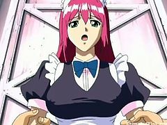 Kinky anime bitch enjoys sucking two hard cocks indoors