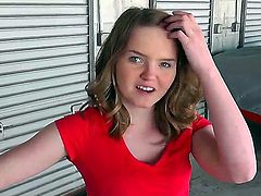 Petite naive looking teen slut Cassy with natural boobs in booty shorts and flip flops sucks Jmac and gets his meaty pecker up her twat in public in point of view.