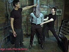 Watch this horny beefy slave as he gets tied up and suspended by two evil masters in a dungeon of perversions. He's ready to let them masturbate and suck his cock as they see fit.