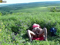 Amateur Russian couple get laid in the beautiful green field. Chick gives her boo a blowjob and treats him with amazing pussy ride.