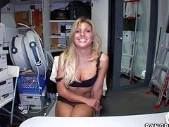 Aubrey Addams is a beautiful teen blonde with perfect boobs and charing smile. She takes off her black bra and panties in the backroom. Then guy touches her jugs and fucks her mouth.