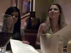 Arousing pornstar babes Sandy and Jessica Moore enjoy in having some free time and going to the restaurant wit their clients for a nice lunch, but get caught on cam as well