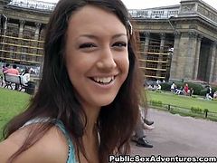 Kinky teen model has fetish for sex in public so she goes naughty in intensely public place. She flashes her boobs and gives a head on a bench.