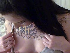 Tattooed lataian hottie Aria Aspen bares her natural tits and then sucks two dicks from your point of view. This chica with perky ass takes off her panties. She loves doing it for cam.