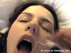 Kinky brunette is fond of sucking a dick. This bitch waits for a chance to get facial cumshot. Horn-mad slim and pallid chick opens her mouth to fill mouth full with gooey sperm.